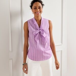 TALBOTS SLEEVELESS BLOUSE TIE NECK PINK & WHITE STRIPE WOMENS SIZE 1X SHIRT NWT